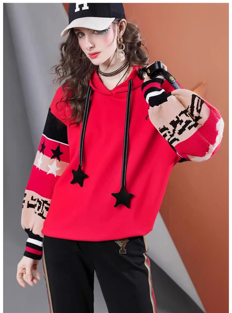 سترة نسائية بغطاء للرأس على شكل نجمة - سويت شيرت كبير الحجم مع رباط |   بلوفر كاجوال