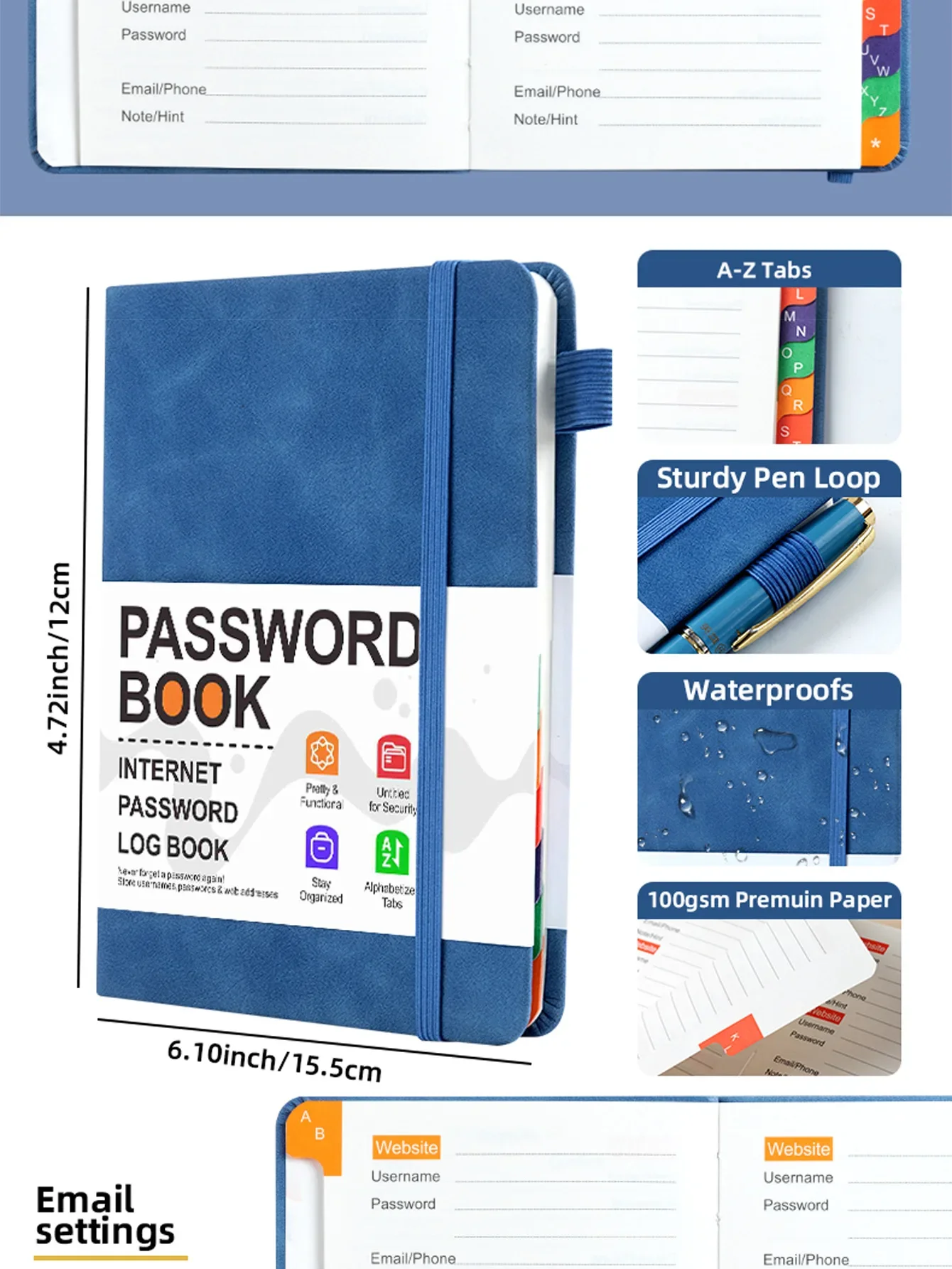 Passwort-Adressbuch, PU-Leder, Größe B6, mit Riemen, versandfertig, Geschenkidee für den Schulanfang, für Teenager, Erwachsene, Notizbuch, Tagebuch-Set – Detail 3