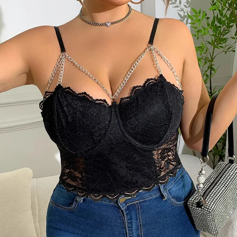 Plus Size Lace Hollow out Sexy Short Strap Vest for plus Size Women Steel Ring Chain Detailing Sensual Backless Top
