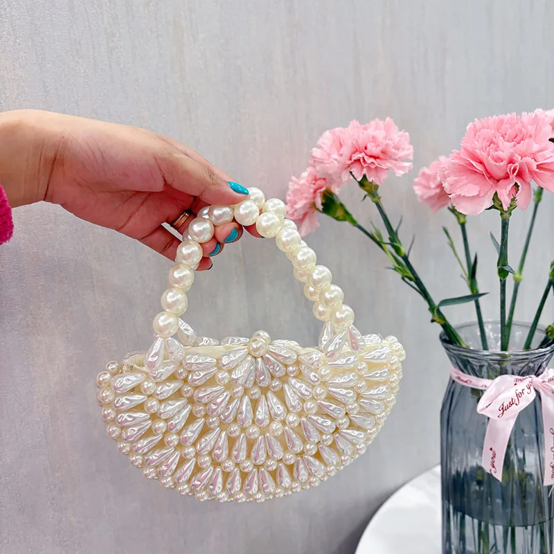 High Quality Fashion Pearl Beading Handmade Bucket Bag Luxury Evening Bag Women Handbag Wedding Party Clutch Purse Shoulder Bag