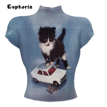 Sexy Vintage Coquette Slim Fit Clubwear Casual Folds Knitted Tees Top Women Hotsweet Cat Print Sheath Street Turtleneck T-shirt 1