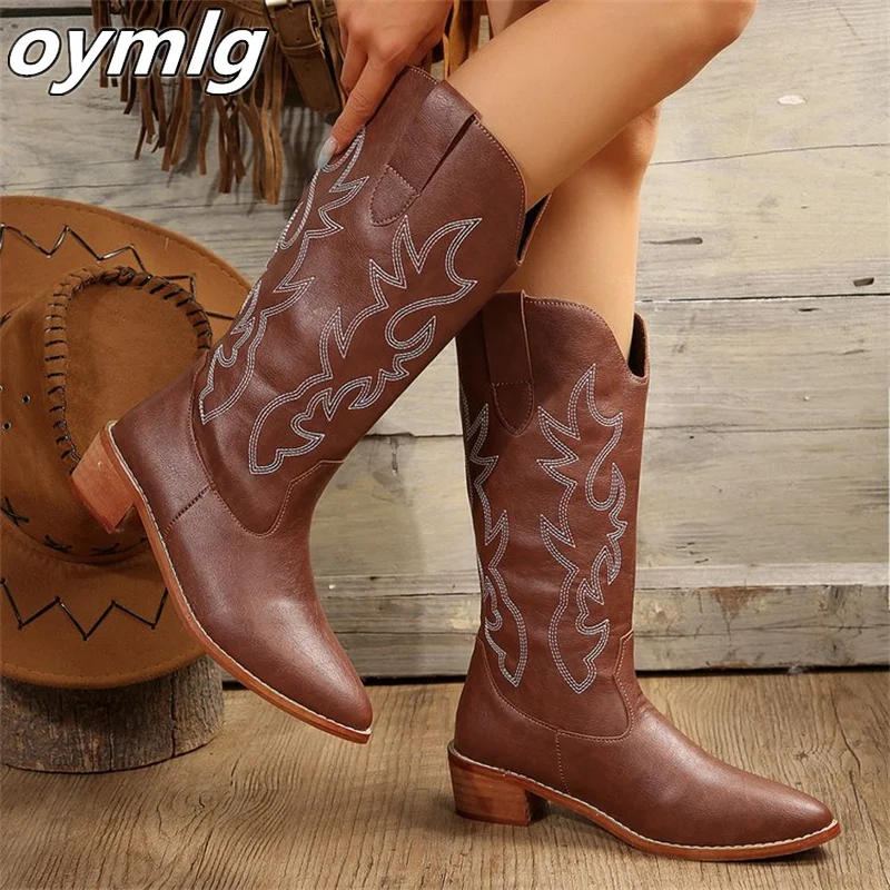 New High Barrel Embroidered Knight Boots Women's Large Pointed Thick Heels Long Barrel Leather Boots women brown long boots