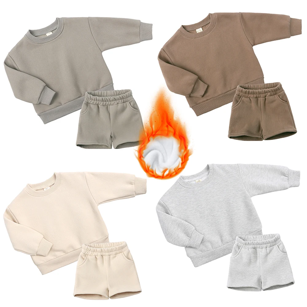 Kids Clothing Set 2pcs For 2-12Y Boys Girls Fleece Outwear Autumn Winter Hooded Sweatshirt Tracksuit