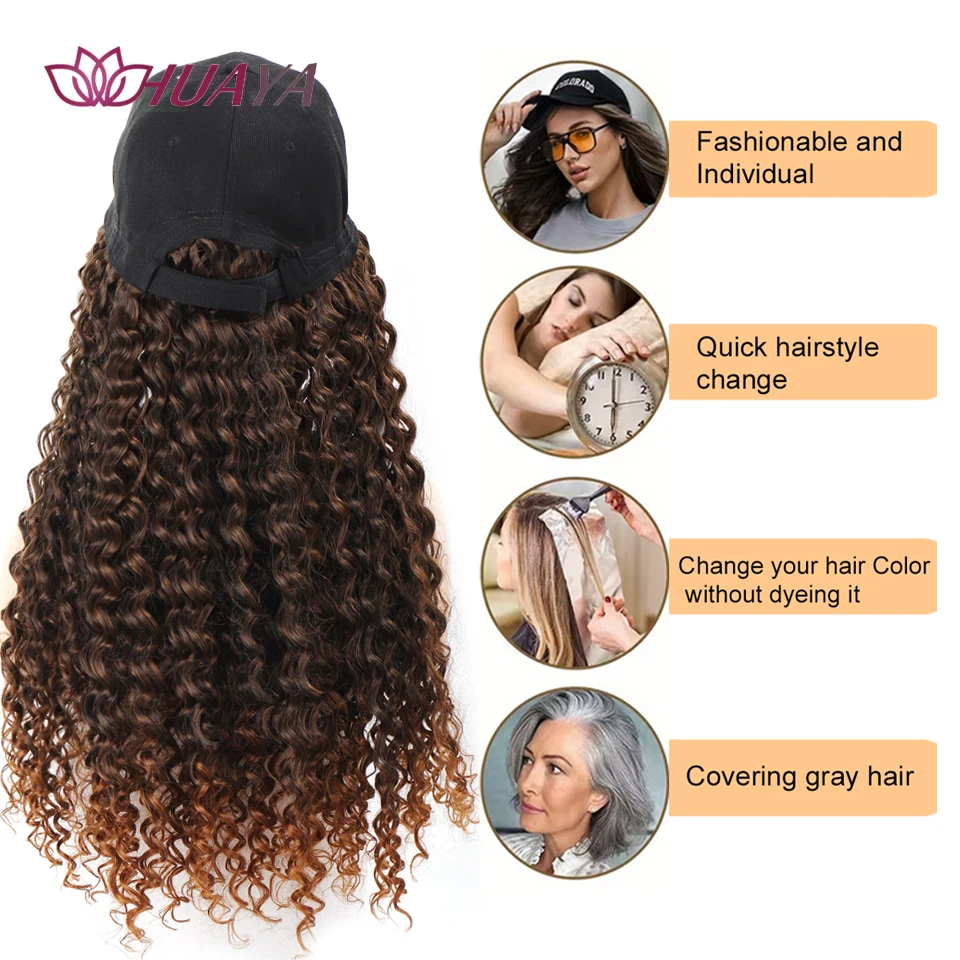 Synthetic Long Kinky Curly Wigs Baseball Cap with 16in Hair Extensions  Hat Adjustable One-piece Wigs for Women