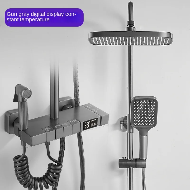

Digital Display Piano Keys Shower Set Brass Square Keys Thermostatic Shower System Bathroom Wall Mounted Shower Set Bathtub SPA