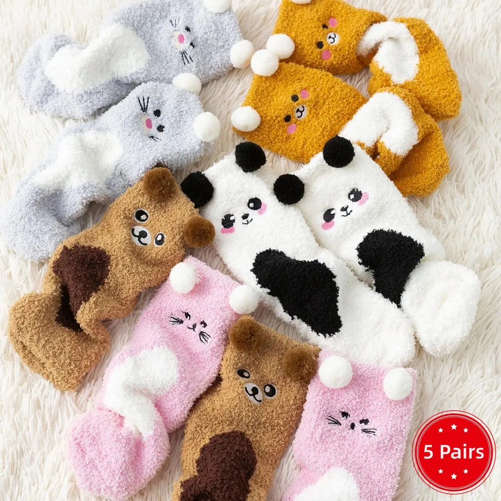 

5 Pairs Women Cute Cartoon Animal Fuzzy Socks Winter Warm Fleece Kawaii Panda Bear Casual Fashion Home Floor Sleep Fluffy Sock