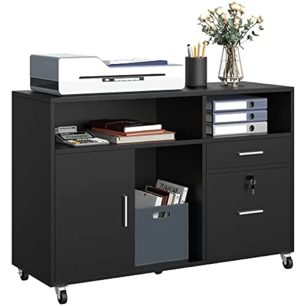 Wood Lateral File Cabinet, 2 Drawer Mobile Storage Cabinet, Fits A4, Letter Size Files, Printer Stand with Open Storage Shelves