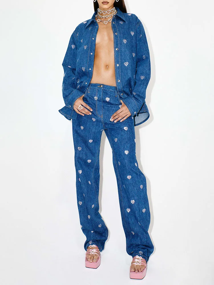 

y2k spring and summer hot drill love hundred with denim 2 piece sets women outfit2023 washed fashion straight casual Trousers