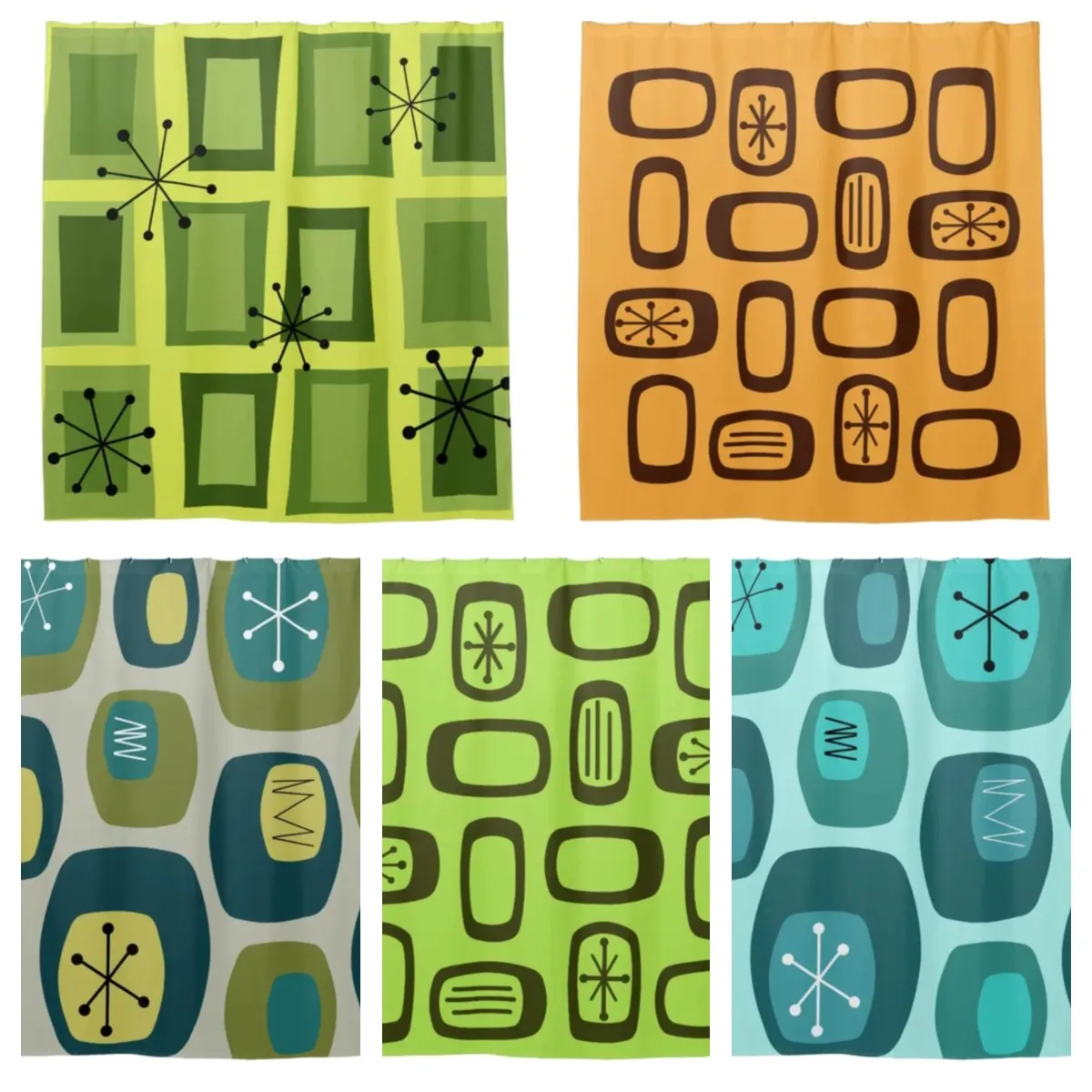 

Mid Century Modern Square MCM Rounded Rectangle Orange Yellow Green Shower Curtains Room Curtains with Hooks Bathroom Curtains