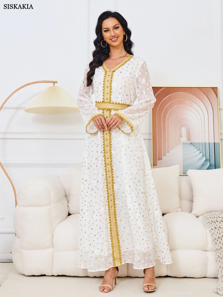 

Siskakia Gold Stamping Evening Party White Mesh Floral Long Sleeve V-Neck Dress With Sashes Moroccan Islamic Dubai Women Kaftan