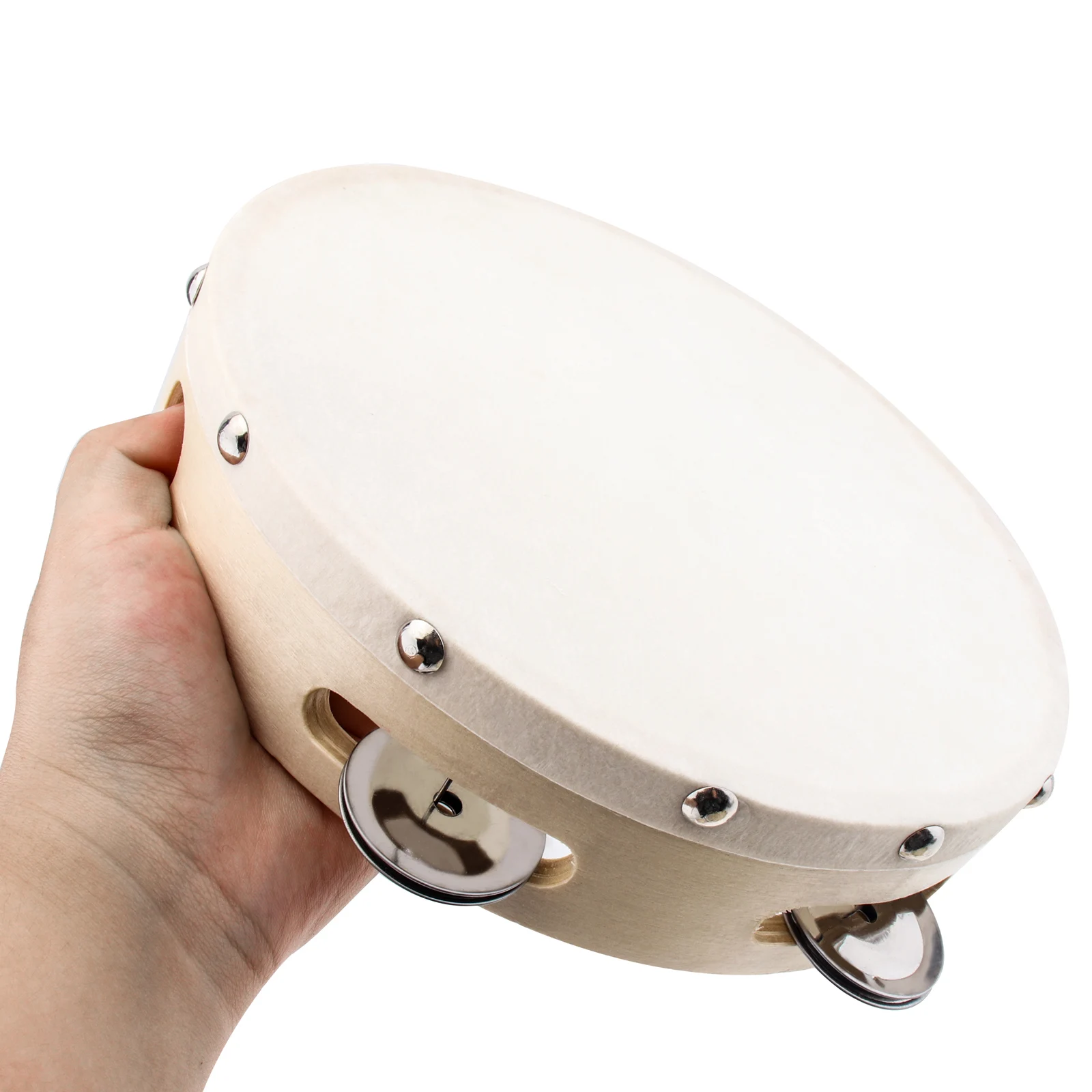 6 / 8 / 10 inch Wood Hand Held Tambourine Drum for Church Party KTV with Sheepskin Drumhead, Single Row Musical Instrument Tools