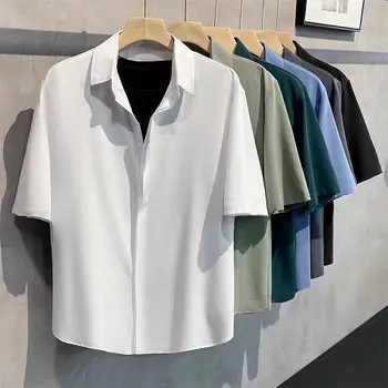 Summer Cool Men Short-sleeved Shirt Anti-wrinkle Solid Color Fashion Office Casual Loose Button Pocket Shirt Male Clothing Top
