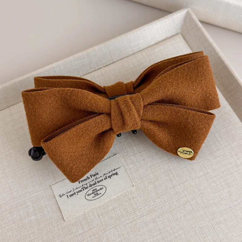 Anspruchsvoller doppelseitiger Tweed-Bananenclip mit Schleife für Herbst/Winter und goldenem Etikett, vertikaler Clip, Pferdeschwanz-Haar-Accessoire – Detail 12