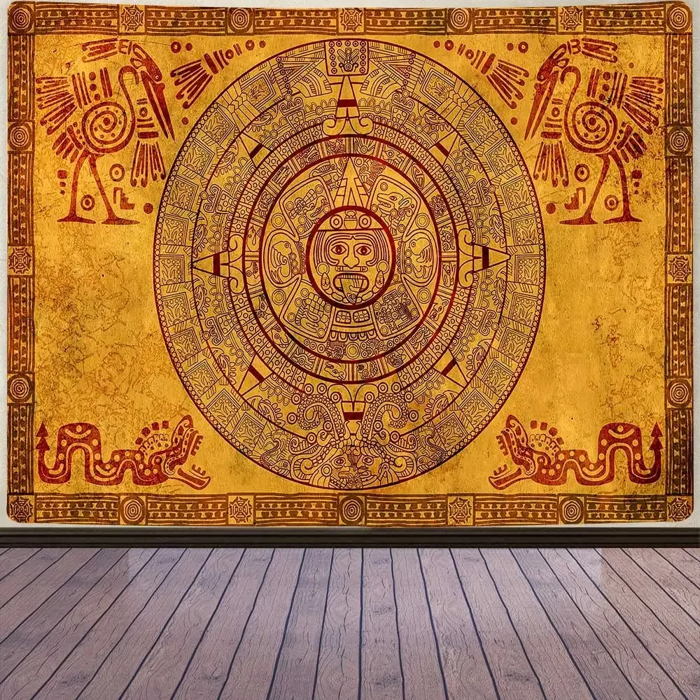 Aztec Calendar Tapestry Black and White Vintage Mayan Sign Ancient Words Wall Hanging for Bedroom Living Room Dorm Home Decor tapestry decor