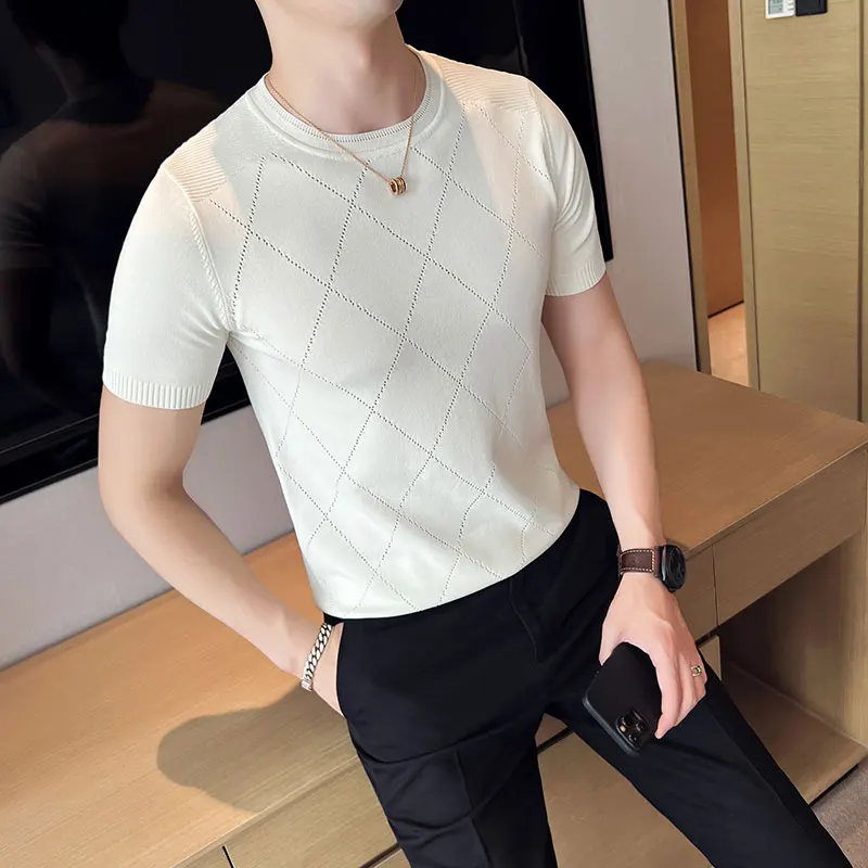 

2023 Summer Knitted Plaid Elasticity T Shirt Men O-Neck Short Sleeve Casual Slim Fit Sweater Tops Tees Social Club T-Shirt S-3XL