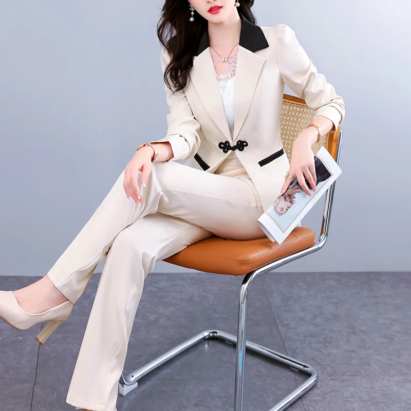 

Spring Autumn Coats Office Jacket Temperament Retro Fashion Blazers +Straight Pencil Pant Sets Female Chic Set Woman 2 Pieces