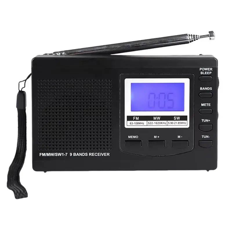 디지털 알람 시계가 있는 B48A FM 라디오 수신기 휴대용 스테레오 라디오 야외 비상용 MW/SW 블랙