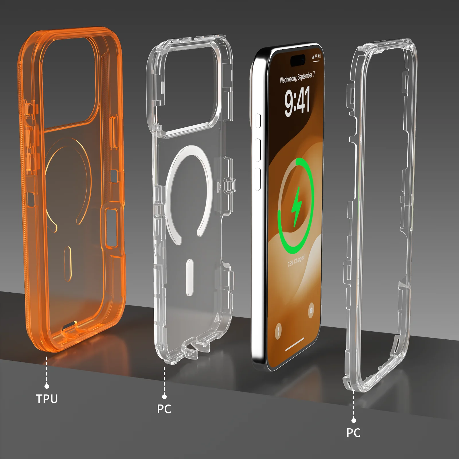 3-in-1 Military Armor Clear Magnetic Charging Case with Enhanced Shockproof Cover