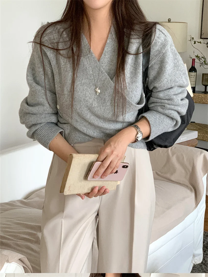 

Alien Kitty Стильные Свитера с V-образным вырезом Повседневная тонкая трикотажная одежда 2023 повседневные осенние шикарные универсальные нежные повседневные облегающие пуловеры