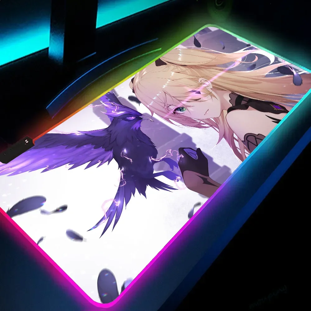 1pc Fischl Genshin Impact XXL RGB Gaming Mouse Pads HD Black Gamer Accessories Large LED 2