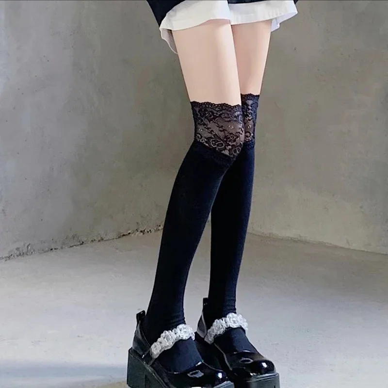 Boot Socks Autumn/Winter Solid Color Thigh High Lace Cute Lolita Thick Warm Stockings Sexy Black White Long Leg Socks for Women