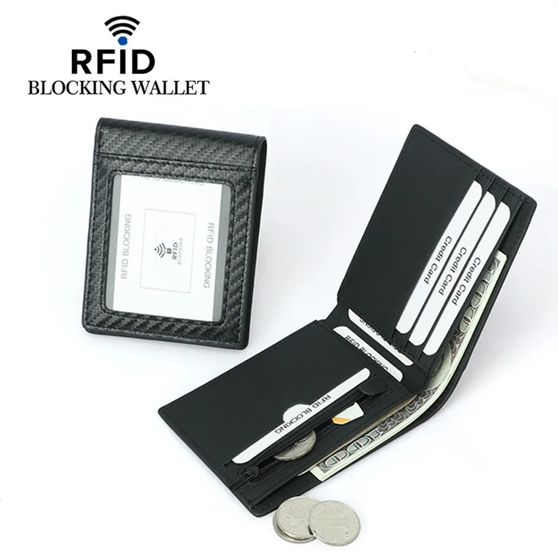Men's small wallet RFID simple short zipper luxury coin purse with multiple card slots card holder money clip business
