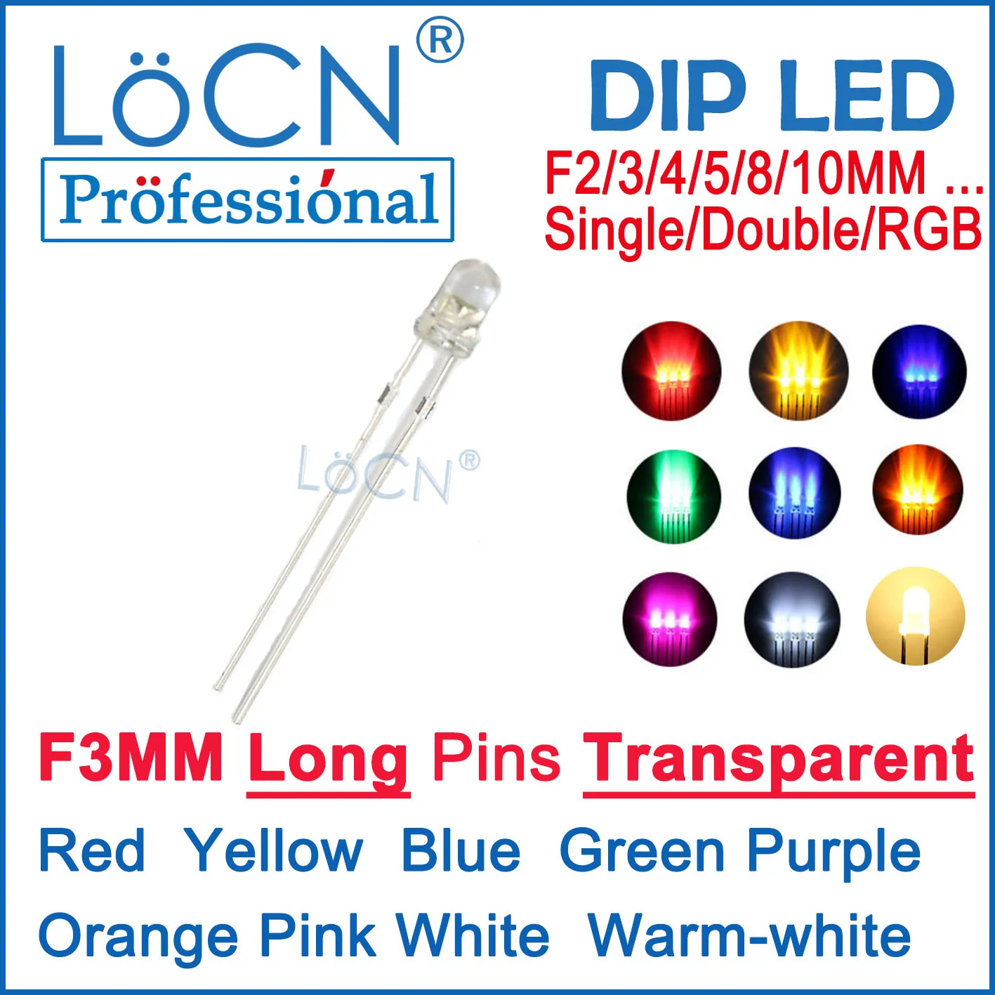 

LoCN 1000pcs F3 3MM Warm White Red Yellow Blue Green Purple Orange Pink Transparent Round Head Long Pins 28MM 26-28mm
