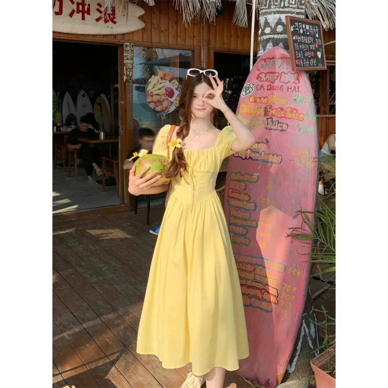 Y2k Summer Fold Yellow Dress French Puff Sleeve Dresses One Piece