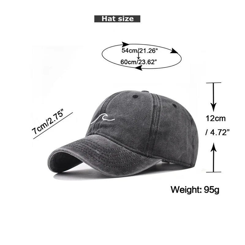 Wave Ripple Embroidery Baseball Cap Solid Color Washed Cotton Dad Hats Simple Vintage Hip Hop for Women Men Snapback Caps