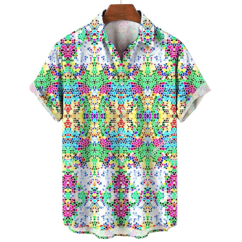 Camisa hawaiana con cuadros coloridos y diseño de arcoíris para hombre, de gran tamaño, informal, de manga corta, con botones simples, para playa, verano
