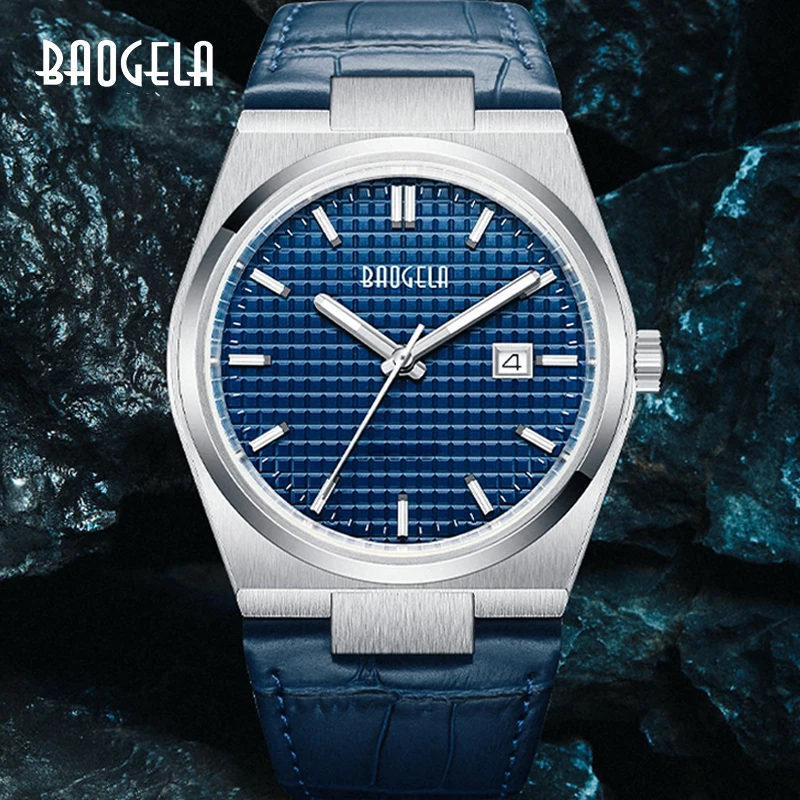 

BAOGELA 40mm Blue Watches Men Waterproof Quartz Leather Wristwatch Top Brand Fashion Sport Calendar Luminous Relogio Masculino