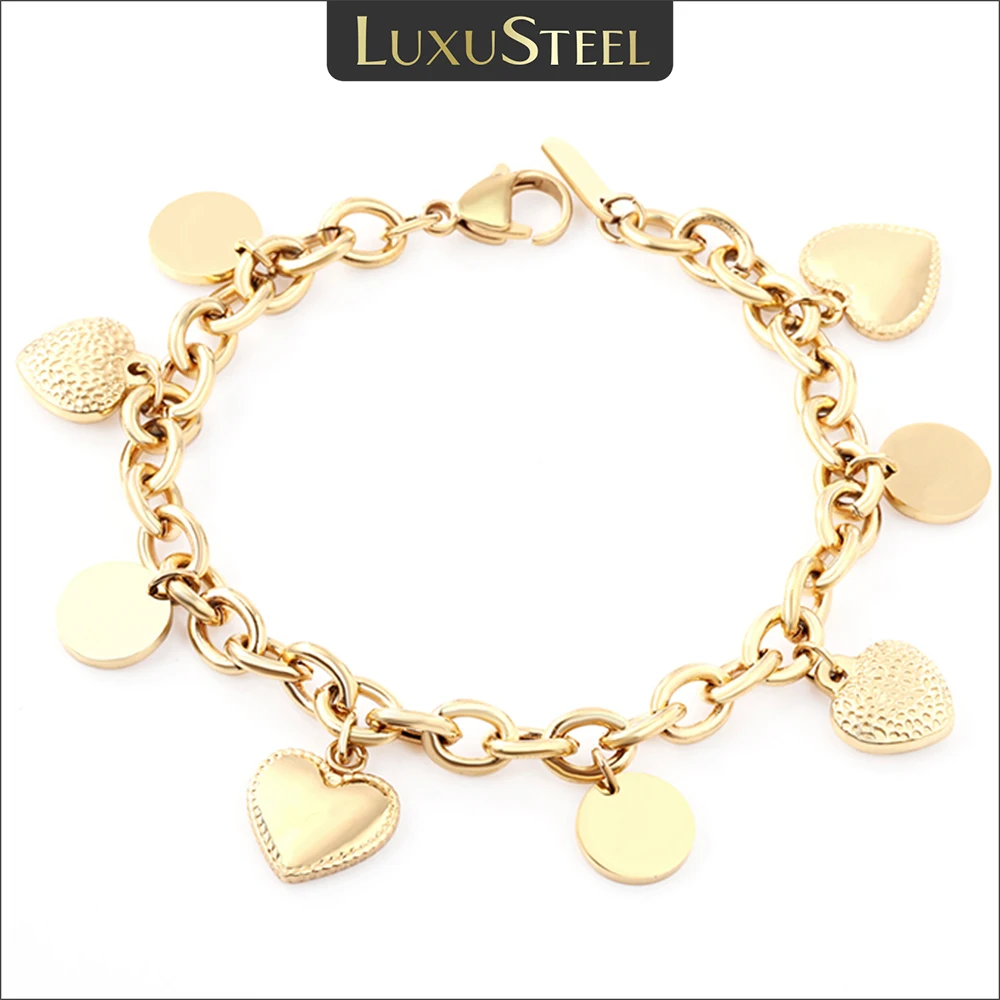 Stainless Steel Heart Coin Charm Bracelet for Women Girl Golden Color Cuban Link Chain Bracelet Jewelry Gift 20cm chain bracelet stainless steel bracelets charm bracelet stainless steel jewelry