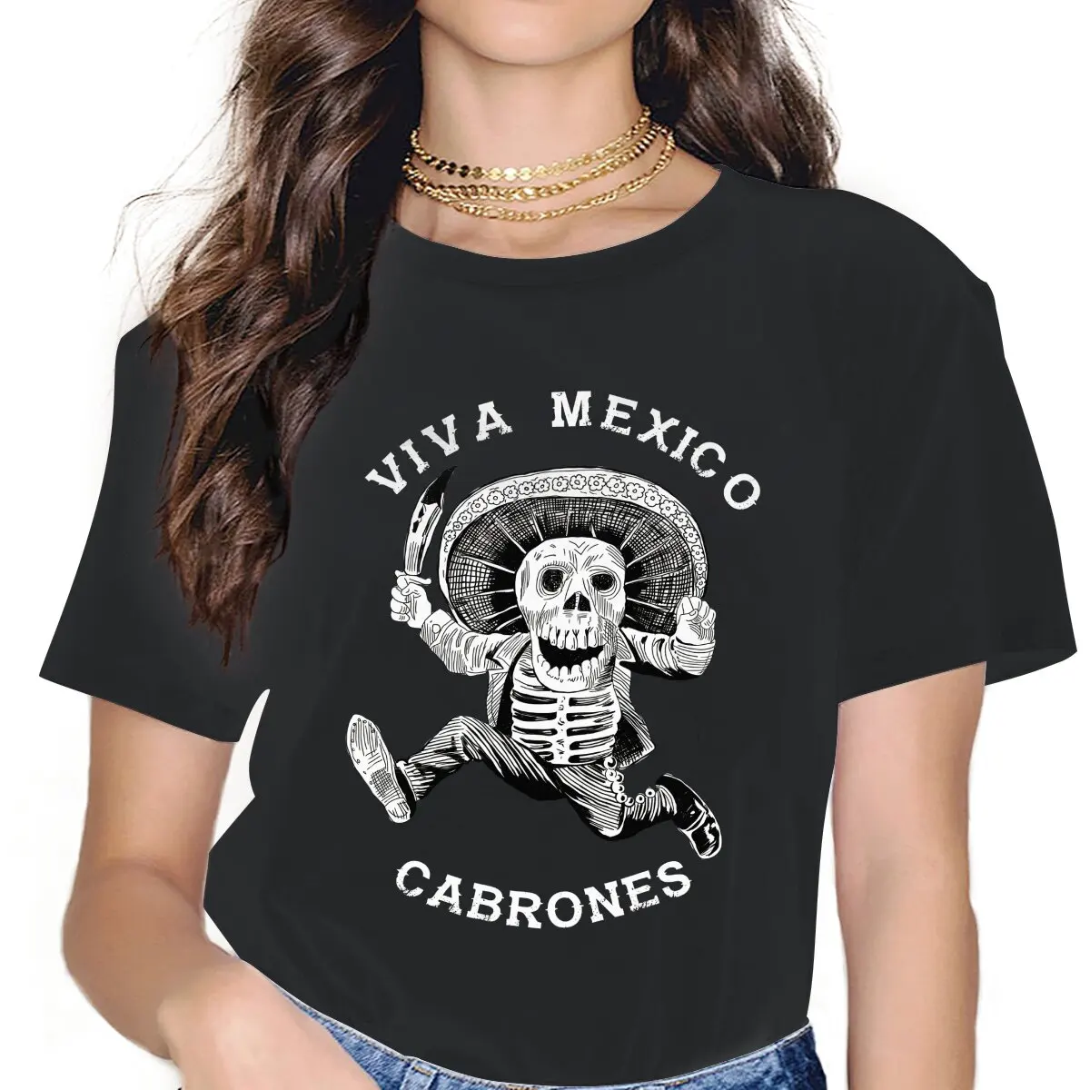 

Viva Mexico Cabrones Mad Mexican Dead Mariachi Women Tshirts Mexico Skull Aesthetic Vintage Female Clothing Loose Cotton