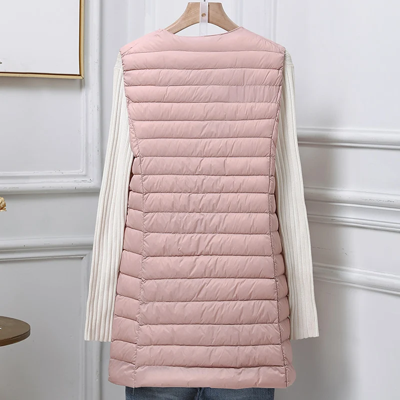 Ultralight Portable Puffer Vest Women Long Collarless 2023 New Autumn Winter Duck Down Waistcoat Sleeveless Button Feather Liner - 4