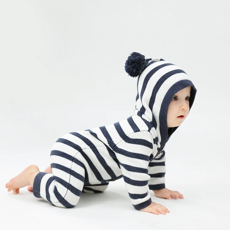 

Jenny&Dave Classic striped baby cotton knitted one-piece clothes autumn and winter baby hooded foreign style climbing clothes tr