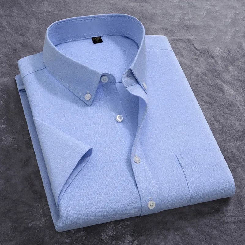 New Men Formal Shirt Short Sleeve Summer 100% Pure Cotton Oxford Material Casual Social Dress Shirts For Male Blue Plus Size 5XL 1