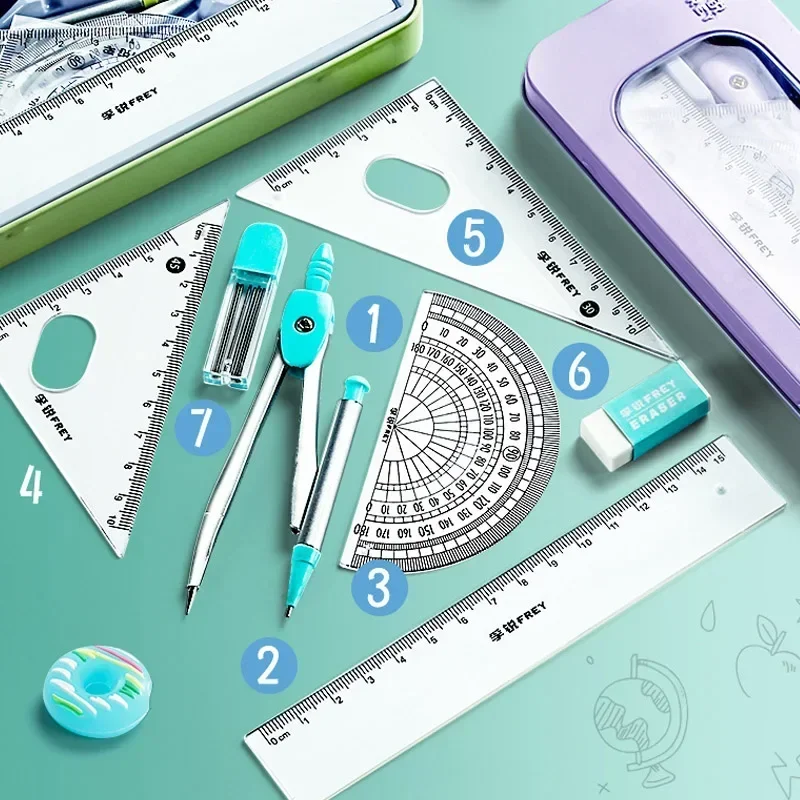 7-Piece Compass and Ruler Set Student Ruler Set Cute Rriangle Exam Specific Box School Starts
