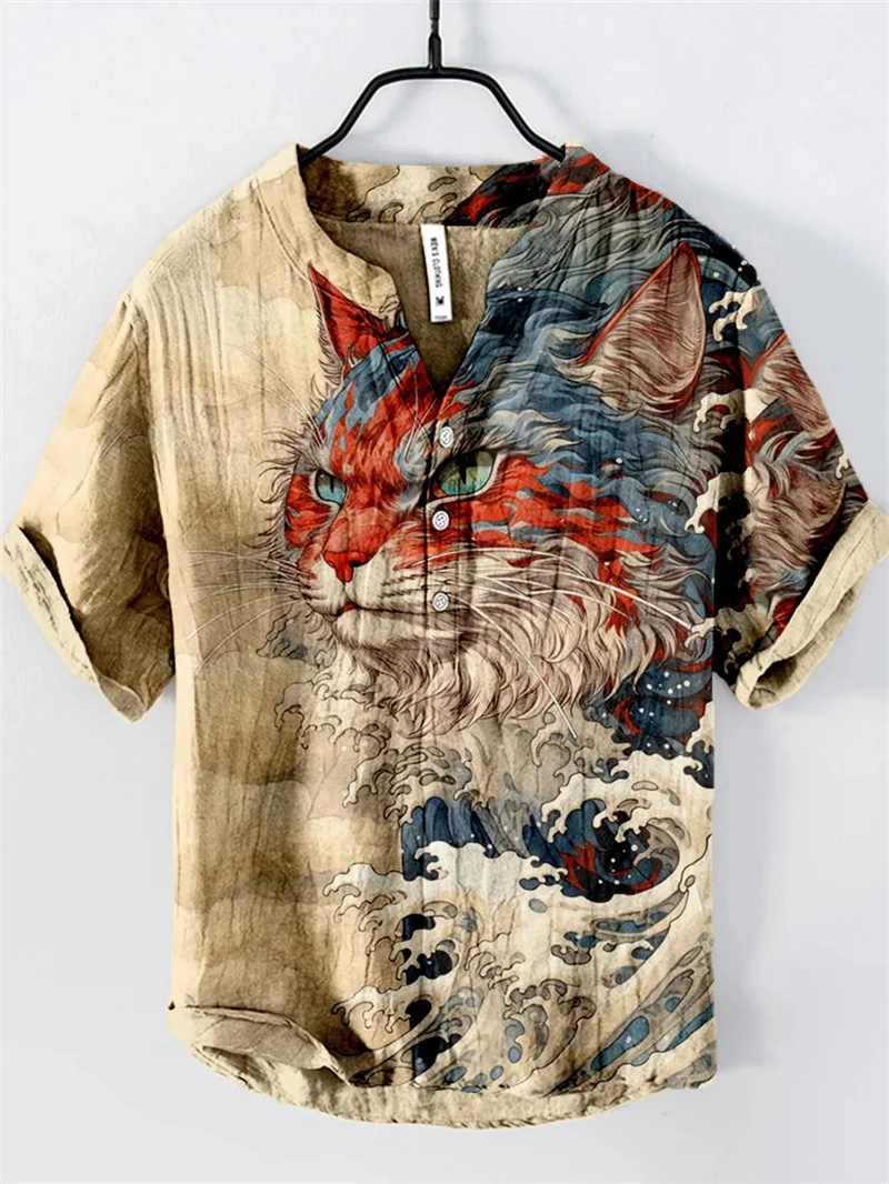 Standing collar 3D digital thermal dragon shirt landscape picture men standing collar short sleeved shirt