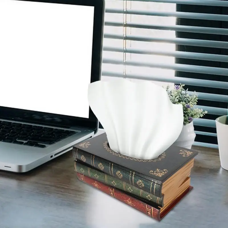 Retro Wood Book Shape Tissue Box Rectangle Napkin Paper Holder Storage Case Tissue Holder Container Home Living Room Decoration 5