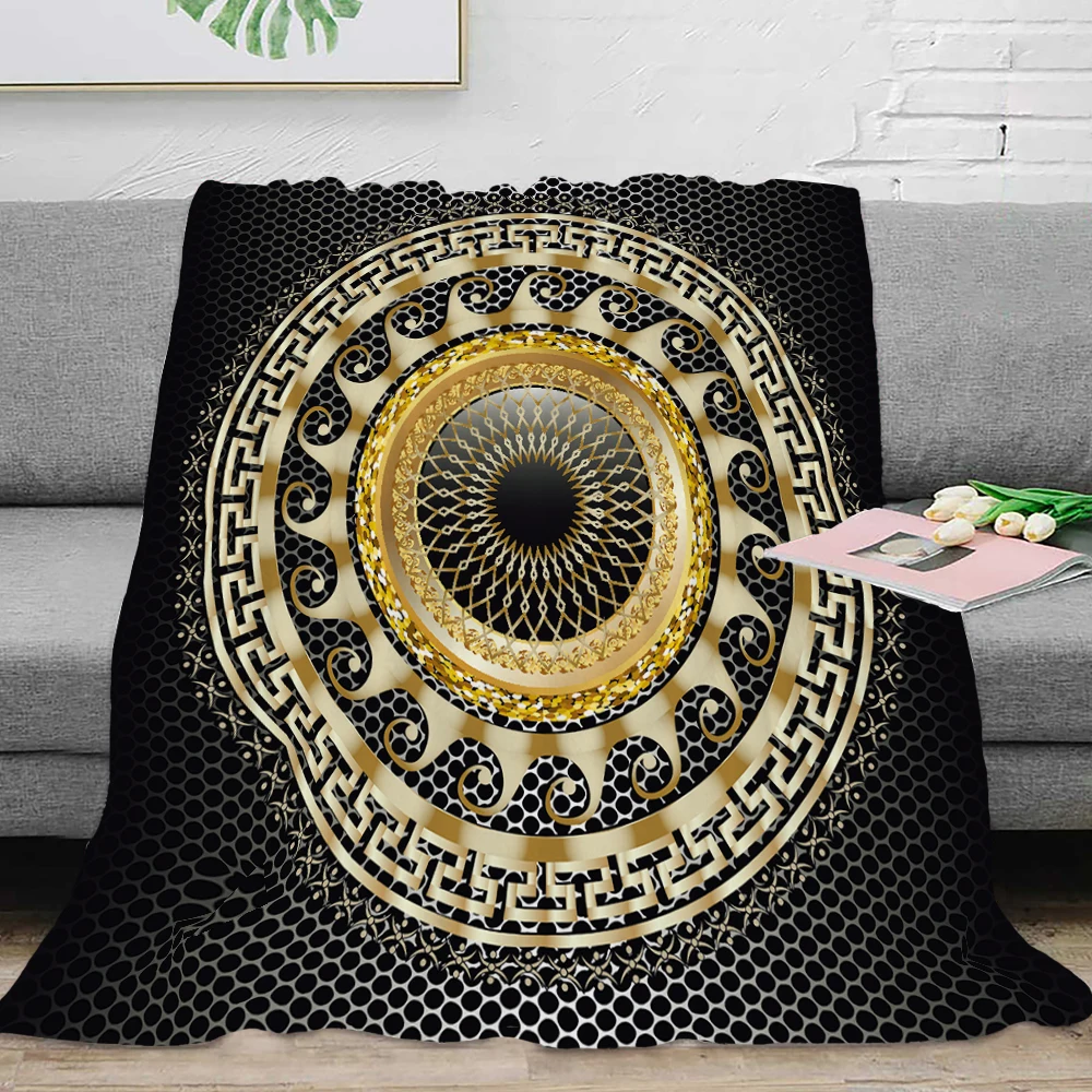 3D Luxury Black Gold Greek Key Meander Baroque Flannel Blanket Throw Soft Plush Fluffy Warm Home Decor Quilt Bedding Gift