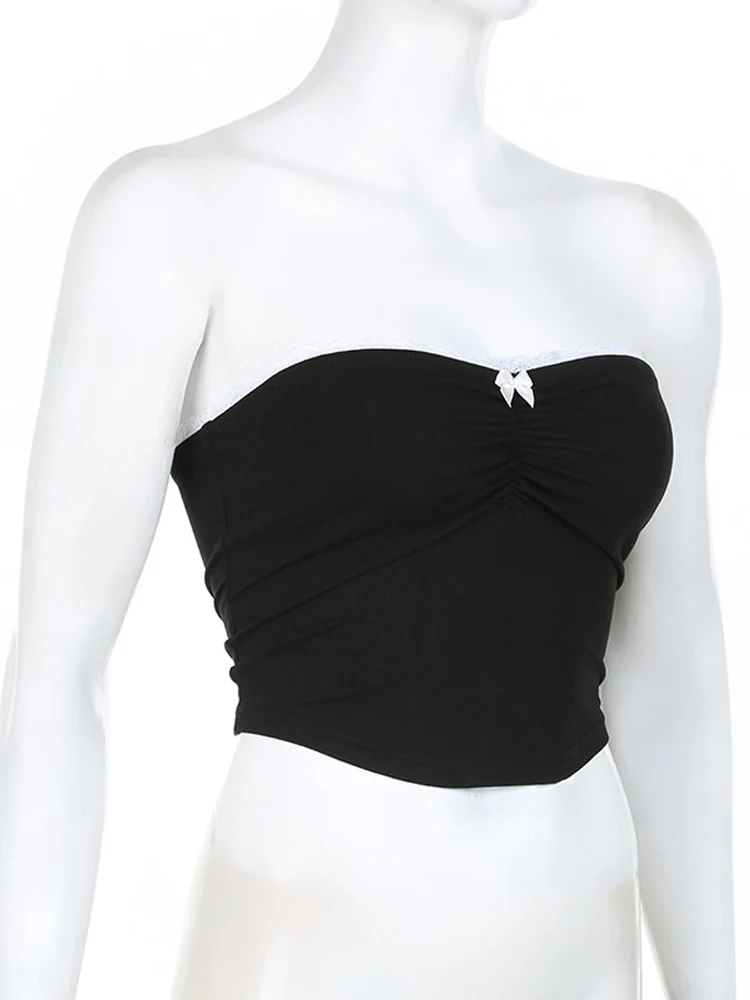 BEAUDRM Women's Bow Decor Strapless Crop Top - Y2K Hollow Out Bandeau Tank