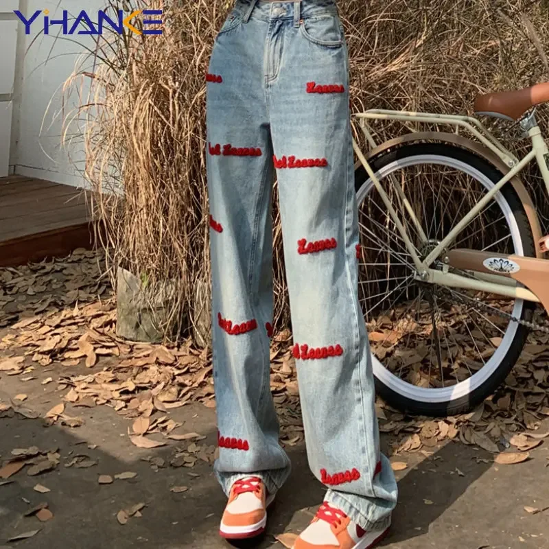 Y2K Women's Street Clothing High -waist Jeans Summer Korean Popular 2024 Femme Pants Loose Blue Jeans Pants Retro