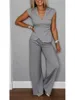 Casual Sleeveless V-neck Neckline Pleated Button Sleeveless Top 2piece Set Elegant Women Office Wide-leg Long Pants Twopiece Set 4