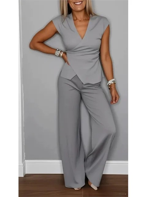 Casual Sleeveless V-neck Neckline Pleated Button Sleeveless Top 2piece Set Elegant Women Office Wide-leg Long Pants Twopiece Set 4