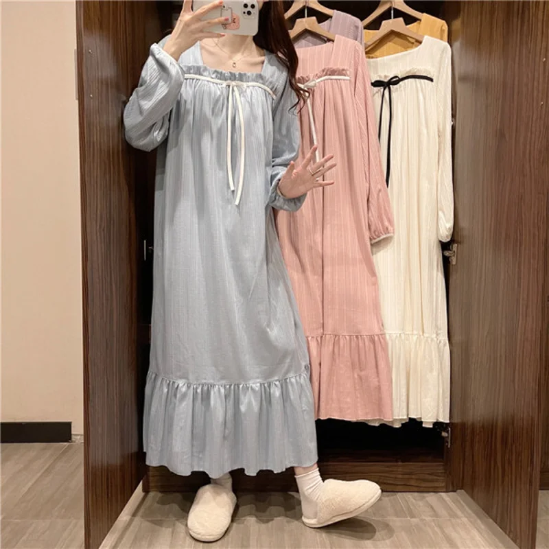 새로운 긴팔 잠옷 여성 봄, 가을 여름 학생 공주 바람 빅 사이즈 드레스 잠옷 잠옷 Homewear