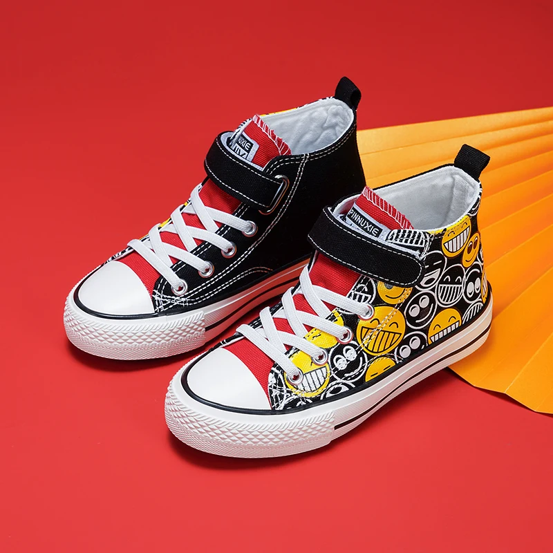 2022 Spring Fashion Smile Print High-top Boys Shoes Platform Canvas Sneakers Girls Child Vulcanized Shoes for Kids 7-12 Year Old