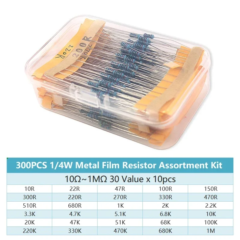 300/600PCS 1/4W Metal Film Resistor Kit Resistance 1% 30 values 10 Ohm ~1M 0.25w Resistors Set 4