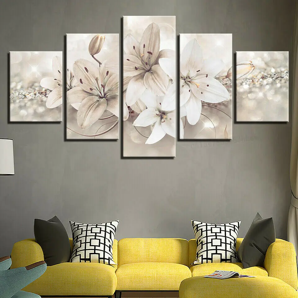 

White Lily Flower Abstract Art 5 Pieces Canvas Print Wall Art Poster Home Decor 5 Panel Pictures No Framed Room Decor Paintings
