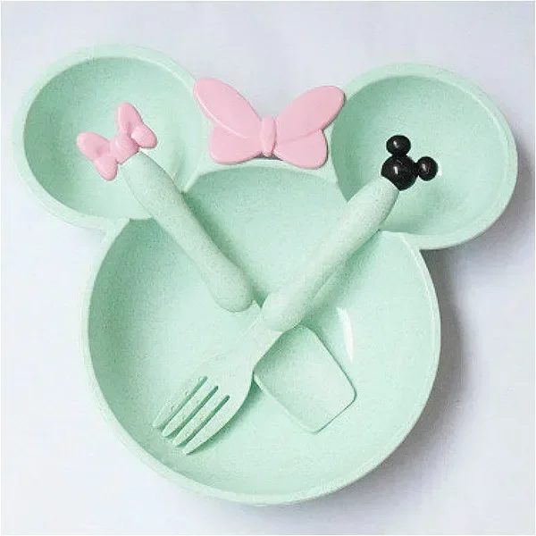 Baby Tableware Set 3pcs Wheat Straw Baby Cartoon Tableware Children Dishes Dinner Platos Feeding Plate Training Bowl Spoon Fork