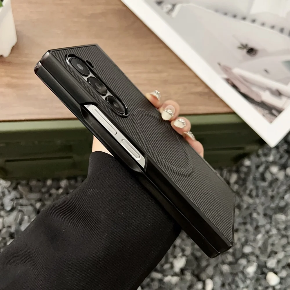 Premium Carbon Fiber Magnetic Hinge Phone Case with Wireless Charging Compatibility
